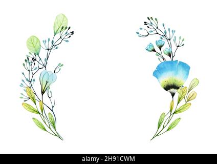 Wasserfarbenes Blumenbanner. Bogen mit blau transparenten Blumen, Ästen und Platz für Text. Handbemalte abstrakte Kartenvorlage. Botanische Abbildung Stockfoto