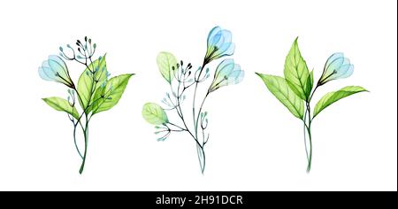 Aquarell-Kollektion mit floralen Kompositionen. Drei Blumensträuße mit Schneeglötblumen und frischen grünen Blättern. Handbemaltes isoliertes Design. Botanisch Stockfoto