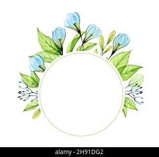 Aquarell-Rundrahmen mit blauen Blüten. Kartenvorlage mit transparenten Schneeglöckchen und frischen grünen Blättern. Platz für Text und Logo. Botanisch geblümt Stockfoto