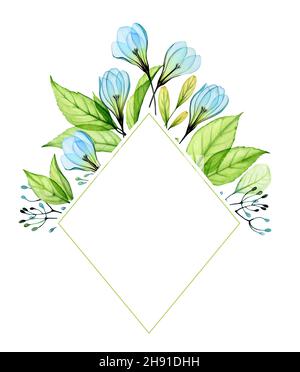 Aquarell Raute Rahmen mit blauen Blumen. Kartenvorlage mit Schneeglöckchen und frischen grünen Blättern. Für Text platzieren. Botanische Blumendarstellung für Stockfoto
