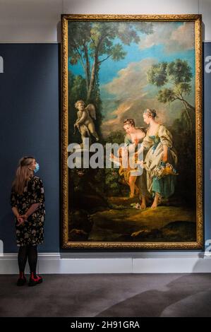 London, Großbritannien. 3rd Dez 2021. Francois Boucher, The Offering to Love, est £80.000 - Vorschau auf den Verkauf alter Meister in Sotheby's New Bond Street Gallerys, London. Die Auktion findet am Mittwoch, den 8. Dezember, statt. Kredit: Guy Bell/Alamy Live Nachrichten Stockfoto