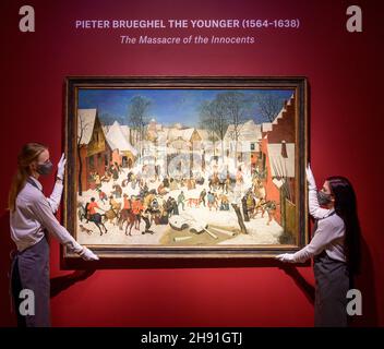 Christie’s, London, Großbritannien. 3. Dezember 2021. Das Massaker der Unschuldigen von Pieter Brueghel dem Jüngeren wird am 7. Dezember zum ersten Mal in Christie’s Old Masters Evening Sale als Höhepunkt der Classic Week in London versteigert. Die Arbeit wird auf £1.000.000-1.500.000 geschätzt. Quelle: Malcolm Park/Alamy Live News. Stockfoto