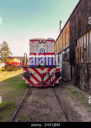 REMEDIOS DE ESCALADA - BUENOS AIRES, ARGENTINIEN - 22. Nov 2021: Alte amerikanische Diesellokomotive General Electric U18C 1960 Sechsachse 1980 PS. Gezogener Hund Stockfoto
