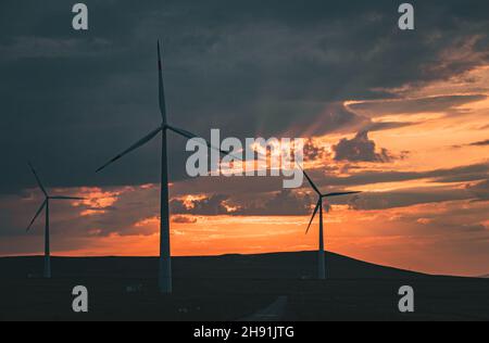 Luftaufnahme der Silhouetten der Windmühlenfarm bei Sonnenuntergang. Erneuerbare Energie mit Windenergieanlagen. Alternative grüne Energie Konzept Stockfoto