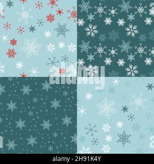 Winter - blau weihnachten nahtlose Muster / Textur mit minimalistischer Geometrie Schneeflocken. Vier blau-weiße und rote Versionen. Einfach und minimalistisch. Stock Vektor