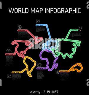 Vektor-Weltkarte Infografik-Berichtsvorlage aus dicken Markierungslinien und Symbolen in Form von Weltkarte Kontinente mit Symbolen und Beschreibungen o Stock Vektor