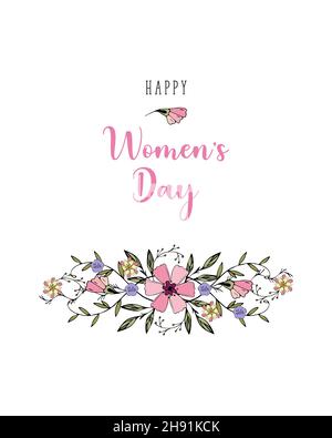 Happy Womens Day 8 märz Grußkarte mit der Aufschrift Herz, Liebe, Leidenschaft, Liebhaber. Dudling Blumen handgezeichnet, auf weißem Hintergrund. Vektorgrafik Stock Vektor