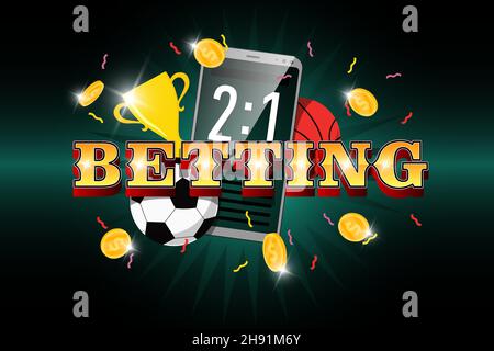 Online Sportwetten mobile App Banner Design-Vorlage mit Statistiken Anzeigetafel auf dem Smartphone-Bildschirm und Fußball-Basketball, Trophäe Award Cup und Gewinner-Dollar-Münzen. Bookmaker Promo eps Poster Stock Vektor
