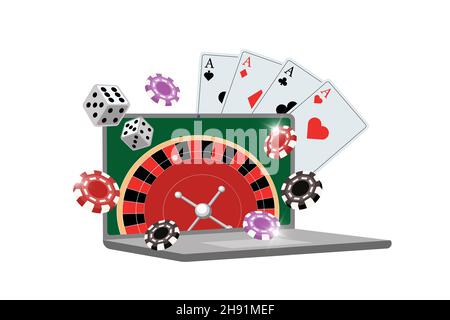 Online-Casino mit Roulette auf Laptop-Bildschirm, Würfel, Poker-Karten und Chips. Vektor-Glücksspiel-Symbol. Riskante Animation Club Illustration. Internet-Spieler spielen eps isoliert Symbol Stock Vektor