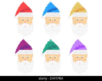 Pixel Gesicht des Weihnachtsmannes in Hüten in verschiedenen Farben Satz von Symbolen. Santa Claus Pixel Art im Retro-Stil 8 Bit Grafik. Festliches Design für Begrüßung c Stock Vektor