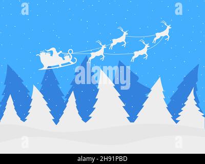 Weihnachtsmann im Schlitten mit Rentieren auf einer Winterlandschaft mit Tannen und fallendem Schnee. Wintertag, Heiligabend. Festliches Design für die Begrüßung ca. Stock Vektor