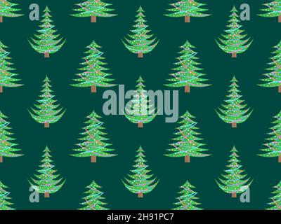 Nahtloses Muster mit verzierten Weihnachtsbäumen. Weihnachtsbäume mit Girlanden und Kugeln verziert. Festliches Design für Grußkarten, Poster und Ban Stock Vektor