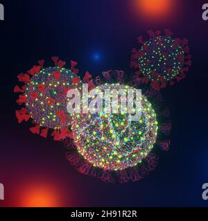 Mutiertes Omicron SARS-CoV-2-Virus, Foreground und SARS-CoV-2-Delta-Stamm, Hintergrund. Elektronenmikroskop Vergrößerung Größe Computermodell, 3D Stockfoto