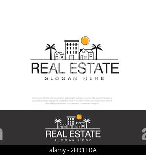 Immobilien Vektor Logo Design, niedliches Haus mit Linien, Sonne, Kokospalmen, Strand, einzigartig und entspannend, Vorlagen, Symbole, Symbole, Illustrationen Stock Vektor