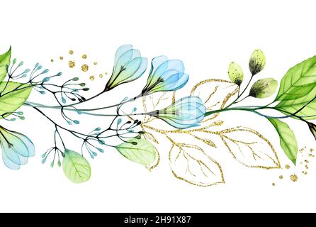 Aquarell nahtlose Blumenbordüre. Abstraktes Designelement mit blauen Blüten und goldenen Glitzerzweigen. Botanische handgezeichnete Illustration für den Frühling Stockfoto