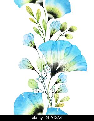 Aquarell nahtlose florale Grenze mit großen blauen Anemonen. Abstraktes vertikales Design mit transparenten Blüten. Botanische handgezeichnete Illustration für Stockfoto