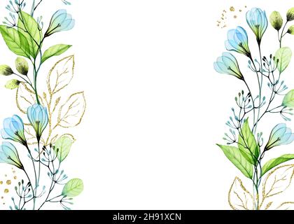 Aquarell-Blumenbanner mit blauer Anemone. Abstrakter Hintergrund mit Frühlingsblumen und goldenen Glitzerzweigen. Für Text platzieren. Karte mit botanischem Blumenmuster Stockfoto