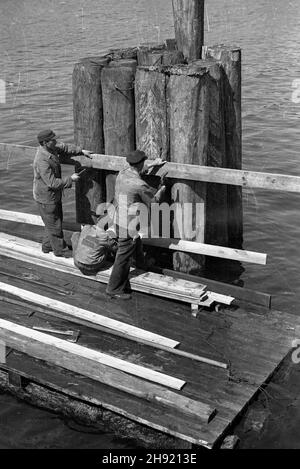 Gdynia, 1947-05. Anschluss. PRACE przy wzmacnianiu i odbudowie nabrze¿a.. NZ. Robotnicy wzmacniaj¹ blass, wbite w dno basenu portowego. Dok³adny dzieñ wydarzenia nieustalony. bk/ak PAP Gdynia, Mai 1947. Der Port. Die Pier Rekonstruktion und Verstärkung arbeiten. Im Bild: Arbeiter verstärken in das Dock gehämmerte Säulen. bk/ak PAP Stockfoto