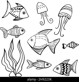 Set von schwarzen und weißen Fischen im Doodle-Tinten-Stil. Handgezeichnete Abbildung Stock Vektor