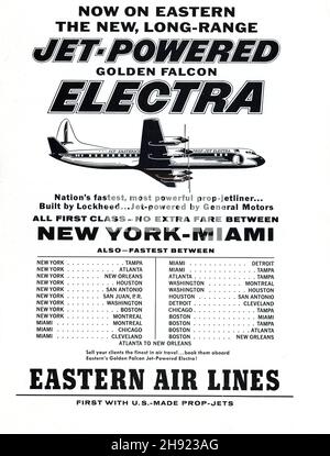 März 1959, ganzseitige Anzeige für das Fachmagazin der Reisebüros für das neue „Jet-powered“ Lockheed Electra-Flugzeug von Eastern Air Lines. Winterdienst von New York nach Miami. Eastern war zwischen 1926 und 1991 in Betrieb. Stockfoto