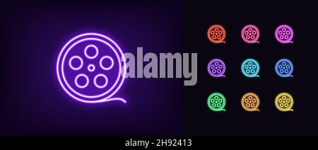 Umreißen Sie das Symbol für Neonfilm. Leuchtender Filmstreifen aus Neon, Piktogramm für Kinoband in lebendigen Farben. Filmrolle, Filmrolle, Videomaterial und -Aufnahme, Cine Stock Vektor