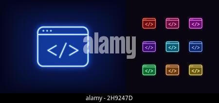 Umreißen des Neoncodierungssymbols Leuchtendes Neon App-Fenster mit Code-Zeichen, Web-Entwicklung Piktogramm. Software- und App-Entwicklung, Programmiersprache. Vecto Stock Vektor