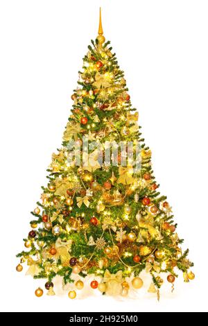 Weihnachtsbaum mit goldenen Ornamenten und schönen Lichtern. Studioaufnahmen. Reich dekorierter goldener Weihnachtsbaum isoliert auf weißem Hintergrund. Stockfoto