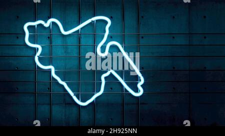 3D Darstellung der Bangladesh-Karte, die mit Neonlicht auf einem Betonwandhintergrund leuchtet Stockfoto