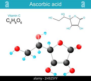 Vitamin C. Ascorbinsäure molekularchemische Strukturformel und Modell eines Ascorbats. Vektorgrafik Stock Vektor