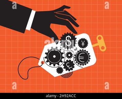 Die Wirtschaft als Uhrwerk-Symbol. Abstrakte Vektordarstellung des Verkaufs-Tags, Währungskonverter, Online-Geldtransfer, Euro- und Dollarmünzen Stock Vektor