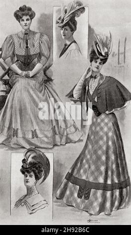 Frühe 20th Jahrhundert Mode-Werbung für August Mode. Smart Hauskleid, für die Moors, Neue Hüte. From the World und seine Frau, veröffentlicht 1906 Stockfoto