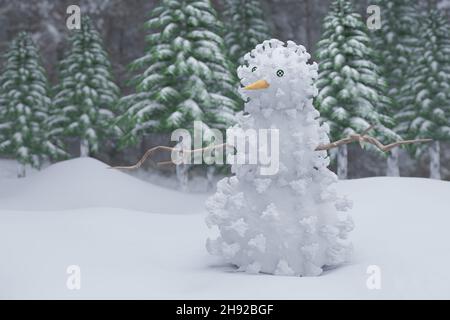 Coronavirus im Winter, Viruszelle im Schnee zur Weihnachtszeit, 3D Illustration Stockfoto