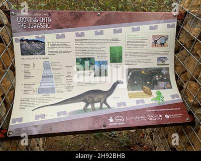 Dinosaurier Poster Informationen großes Reptil Jurassic Periode verlorenes Skelett gefunden Knochen Dorf Irchester Country Park und Steinbruch Northamptonshire UK Stockfoto