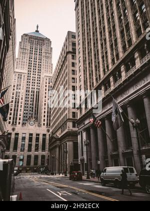 Das Chicago Board of Trade Building ist ein 44story, 604 Meter langer Art déco-Wolkenkratzer im Chicago Loop, der am Fuße der LaSalle Street steht Stockfoto