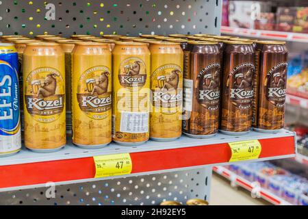 BISCHKEK, KIRGISISTAN - 2. MAI 2017: Dosen Kozel-Bier in einem Supermarkt in Bischkek. Stockfoto