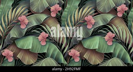 Tropisches, nahtloses Muster mit Hibiskusblüten, wunderschöner Palme und Bananenblättern. Handgezeichnete Illustration aus dem Jahr 3D. Glamouröser Hintergrund, Tapete Stockfoto