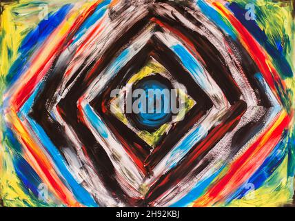 Handbemalte Illustration aus Acryl auf Papier. Abstrakte Streifen und Linien. Farbenfrohe Abstraktion. Stockfoto