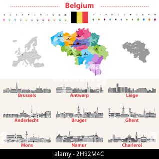 Belgien Karte mit den wichtigsten Städten Skylines Vektor-Illustrationen Stock Vektor