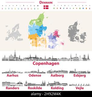 Dänische Skylines in Graustufen-Farbpalette. Flagge und Landkarte von Dänemark Stock Vektor