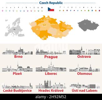 Tschechische Skylines in Graustufen-Farbpalette. Flagge und Karte der Tschechischen Republik Stock Vektor