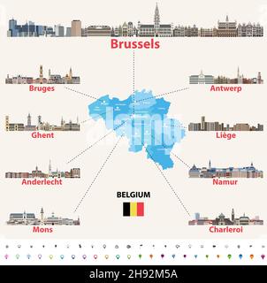 Belgien Karte mit den wichtigsten Städten Skylines Vektor-Set Stock Vektor