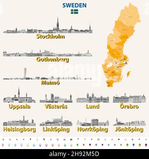 Schwedische Skylines in Graustufen-Farbpalette. Flagge und Karte von Schweden Stock Vektor