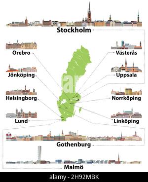 Schwedenkarte mit Hauptstädten und detaillierten Skylines-Illustrationen Stock Vektor