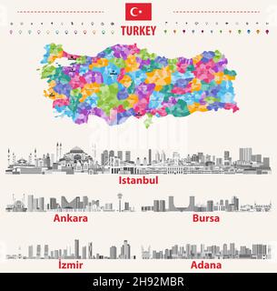 Türkische Skylines in Graustufen-Farbpalette. Flagge und Landkarte der Türkei Stock Vektor