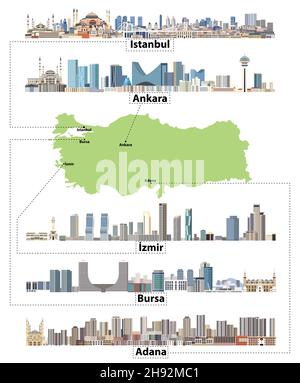 Türkische Karte mit den wichtigsten Städten Skylines Vektorset Stock Vektor