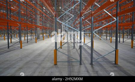 Logistiklager mit leeren hohen Regalen Stockfoto