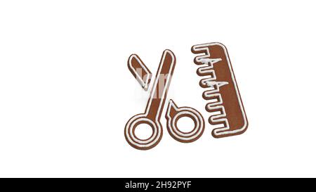 3D Rendering von Lebkuchenkeks in Form eines Symbols von Haarkamm und Schere isoliert auf weißem Hintergrund mit weißer Vereisung Stockfoto