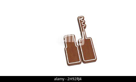 3D Rendering von Lebkuchenkeks in Form eines Symbols für offene Mascara mit Pinsel für lange Wimpern isoliert auf weißem Hintergrund mit weißer Vereisung Stockfoto