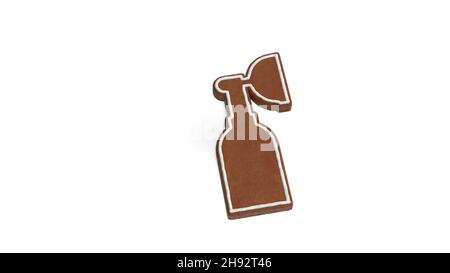 3D Rendering von Lebkuchenkeks in Form eines Symbols der Sauerstoffmaske mit Kolben isoliert auf weißem Hintergrund mit weißer Vereisung Stockfoto