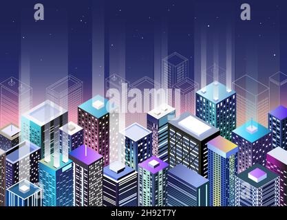 Isometrische Vektordarstellung der Stadt bei Nacht. Wolkenkratzer, die mit hellen Neonlichtern glänzen Stock Vektor
